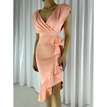 Supplierby Scuba Kumaş Önü Fırfırlı Midi Boy Elbise Somon