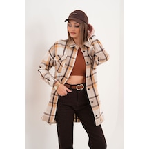 Polologin Butik Kadın Oduncu Çift Cepli Cep Kapaklı Kahverengi Bej Araboy Spor Gömlek Bej