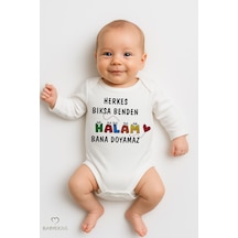 Babyden's Herkes Bıksa Benden Halam Bana Doyamaz Yazılı Uzun Kollu Bebek Zıbını %100 Pamuk Çıtçıtlı Body Beyaz