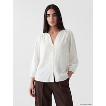 Lcw Vision Beyaz Kaçık Yaka Çizgili Oversize Armürlü Bluz