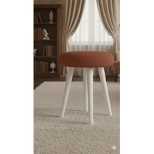 Gürgen Ahşap Retro Ayak Dekoratif Beyaz Pelüş Puf Tabure Kiremit