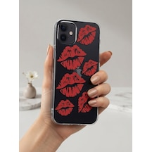 Apple iPhone  Uyumlu,  12 Kırmızı Dudak / Öpücük Desenli Şeffaf Telefon Kılıfı
