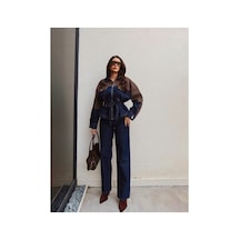 Brtc Design Kadın Kahverengi Çift Renk Denim Kuşaklı İkili Takım