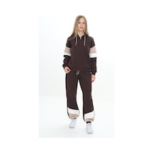 Toontoy Kids Toontoy Kız Çocuk 2'li Takım Kapüşonlu Fermuarlı Sweatshirt & Beli Paçası Lastikli Jogger Eşofman Altı - Garni Detaylı & 3 İplik Şardonlu Kahverengi