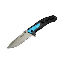 Mtech 4193 Mavi Kamp Çakı 21cm - Yarı Otomatik, Kemerlikli, Testere Detaylı, Desenli Sap Siyah