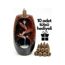 Premium Seramik Şelale Geri Akışlı Tütsülük 10 Adet Hediye Konik Tütsü