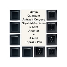Ovivo Quantum Antrasit Çerçeve Siyah Mekanizma 5 Adet Anahtar + 5 Adet Topraklı Priz
