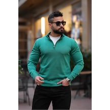 Slim Fit Fermuarlı Kazak Yeşil