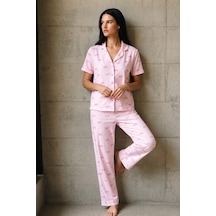 V Yaka Düğmeli Casual Pembe Pijama Takımı