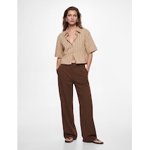 Koton Salda Kumaş Regular Fit Kısa Kollu Çizgili Crop Gömlek Kahverengi Çizgili 6sak60353pw 5s5