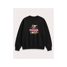 Herkesemoda Power Girl Çiçek Baskı Detaylı Şardonlu 2 İplik Bisiklet Yaka Sweatshirt Siyah
