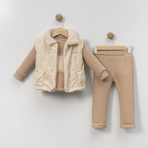 Baskılı Peluşlu Yelekli Alt Üst Takım Bej