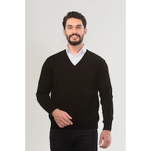 Kamalı Siyah Erkek V Yaka Triko Uzun Kol Standart Fit Tüylenmeyen Triko Kışlık Örgü Kazak Siyah