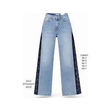 Miss Poem Kadın Orta Mavi Dantel Şerit Detaylı Straight Wide Jean Pantolon