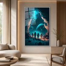 Mağaradan Gezegenlere Bakan Astronotlar Gümüş Çerçeveli Cam Tablo