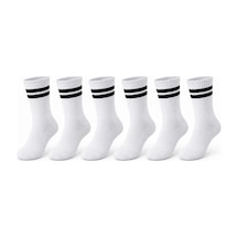 Unisex Beyaz Çorap Siyah Çizgili 6'lı Set Uzun Soket Günlük Spor Kolej Stil Rahat Kadın Erkek Çorabı Beyaz, 39-44