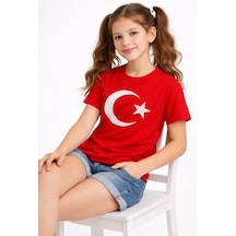 Kız Çocuk Tişört Bisiklet Yaka Ay Yıldız Bayrak Baskılı T-shirt - Kırmızı Kirmizi