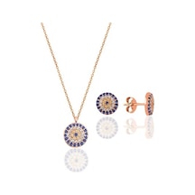 Gümüş Rose Zirkon Taşlı Nazar Kolye Ve Küpe Gümüş Ikili Set