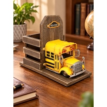 Mnk Home Vintage Dekoratif Metal Okul Otobüsü Kalemlik El Yapımı Eskitme Tasarım, Fotoğraf Çerçeveli Ahşap Ve Metal Masaüstü Organizer 24 Cm Sarı