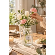 Porsima 04286 Çizgili Cam Vazo 1300 Ml Kurdele Detaylı Şeffaf Vazosu 22 Cm