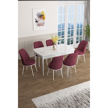 Canisa Concept Han Serisi 70x114 Açılabilir Mdf Mutfak Masası Takımı Beyaz Mermer Desen Masa 6 Bordo Sandalye Masa Beyaz Mermer Sandalyeler Bordo