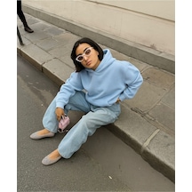 Benroma Baskısız Düz Ünisex Kapüşonlu Sweatshırt Bebe Mavisi