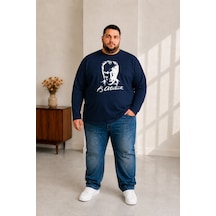 Sngl Tekstil Erkek Büyük Beden Uzun Kollu Atatürk Baskılı T-shirt 3xl 4xl 5xl 6xl 7xl 8xl 9xl Lacivert
