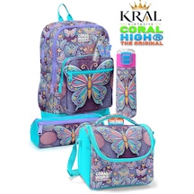 Pastel Renkli Kelebek Desenli 4'lü Okul Çantası Seti Mor