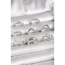 Pirinç Gümüş Renk Zirkon Taşlı Zincir Model Detay Kadın Yüzük Kombini - Tj-byk3647 Çok Renkli