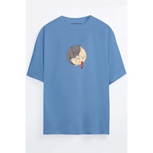 Ying Yang Kedi Baskılı Unisex Siyah Oversize T-shirt Mavi