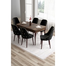 Canisa Tia Serisi 80x132 Açılabilir Mdf Barok Ahşap Desen Gold Detay Mutfak Masası Ve 6 Siyah Sandalye Masa Barok Ahşap Desen Sandalye Siyah