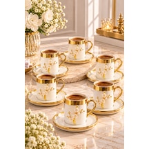 6 Kişilik 12 Parça Lüks Gold Kaplama İnci Lotus Dallı Kahve Fincan Takımı Seti 100ml - Sunum Fincanı Altın - Beyaz