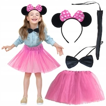 Minnie Kostüm Seti Pembe Tütü Etek + Pembe Taç + Papyon + Kuyruk Altın Ve Çok Renkli