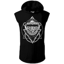 Unisex Pervane Tasarım Kapşonlu Kolsuz Siyah T-Shirt-Siyah
