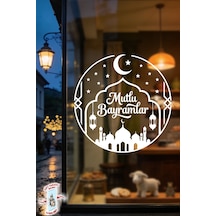 Mutlu Bayramlar Cami Temalı Cam Sticker Çift Taraflı Beyaz Baskı 55x55 Cm Cam Sticker Özel Baskı Dijital Baskı