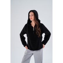 Paw Garage Kadın Büyük Beden Geniş Kalıp Wellsoft Kumaş Kapüşonlu Sweat - İçi Dışı Peluş Tasarım, Sıcak Tutar Siyah