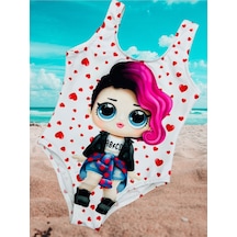 Lolliboomkids Kız Çocuk Punk Lol Rocker Boi Mor Saçlı Karakter Desen Beyaz Üzeri Kalp Desen Mayo Beyaz - Pembe