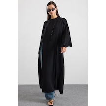 Olcay Derin Yırtmaçlı Oversize Uzun Tunik Siyah 9838