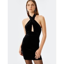 Koton Pencere Detaylı Halter Yaka Mini Kadife Elbise Siyah 5wak80161ek Siyah