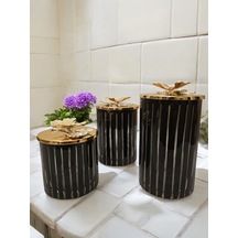 3'lü Çizgili Dekoratif Kavanoz Seti - Siyah Siyah