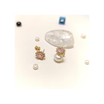 9.9 MM Vidalı Oval Pembe Tek Taş Küpe 14 Ayar Altın
