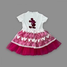 Veraura Lifestyle 1-2-3 Yaş Payetli Mickey Baskılı Brode Etekli Kız Bebek Elbisesi Fuşya