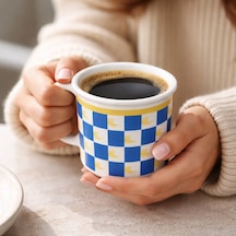 Dyris 8 Cm Porselen Kahve Kupası Mavi Kare Desenli, Americano & Filtre Kahve Fincanı Mavi - Beyaz