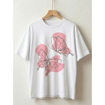 Line Art Kelebek Baskılı Oversize T-shirt Beyaz