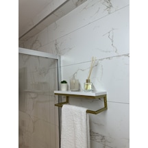 Fulya Banyo Ahşap Raflı Gold Metal Havlu, Şal Askılık Beyaz Raf Gold