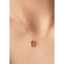 14 Ayar Altın Açık Kahverengi Taşlı Minimal Damla Kolye Sarı Altın