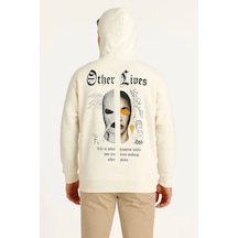 Erkek Kapüşonlu Kanguru Cepli Sweatshirt 3 İplik Pamuklu Baskılı Hoodie - Beyaz