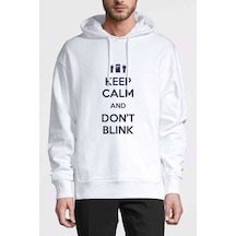 Keep Calm And Don'T Blink Baskılı Beyaz Erkek Örme Kapşonlu Sweat