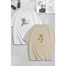 Unisex Kadın Erkek Tom Ve Jerry Çay Baskılı Sevgili Çift Kombini Tasarım Oversize Tshirt 2li Beyaz Bej Mck0478 Beyaz Bej