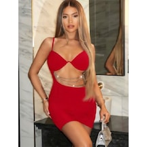 Passıone Kadın Kırmızı Zincir Detaylı Askılı Gece Elbise Kırmızı